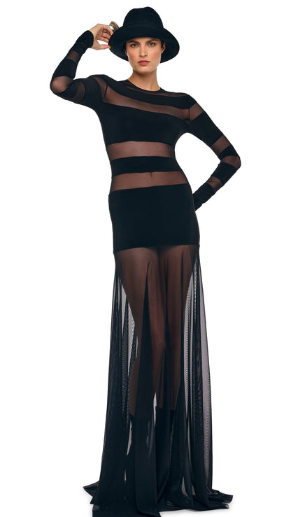 SPLICED LONG SLEEVE FLARED GOWN Black/Black Mesh | Norma Kamali Women
