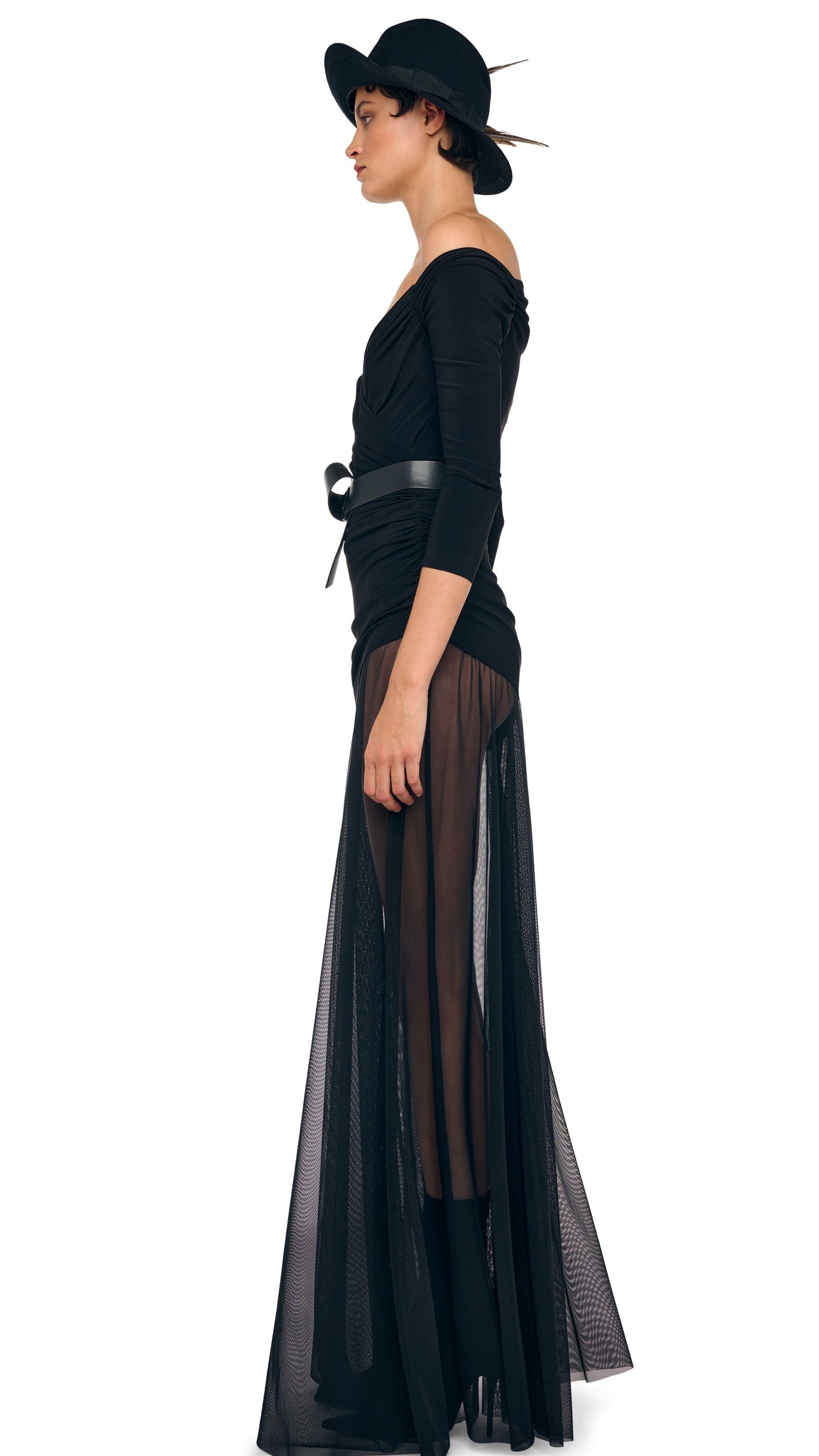 OFF SHOULDER SWEETHEART COMBO FLARED GOWN Black/Black Mesh | Norma Kamali Women