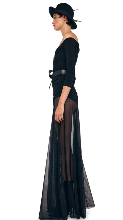 OFF SHOULDER SWEETHEART COMBO FLARED GOWN Black/Black Mesh | Norma Kamali Women