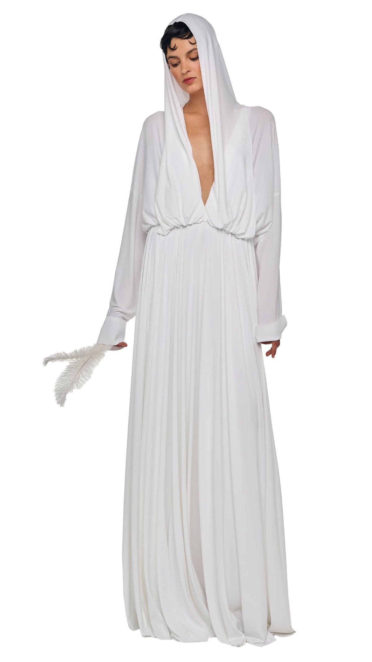 HOODED SUPER OS BF NK SHIRT FLARED GOWN Snow White | Norma Kamali Women