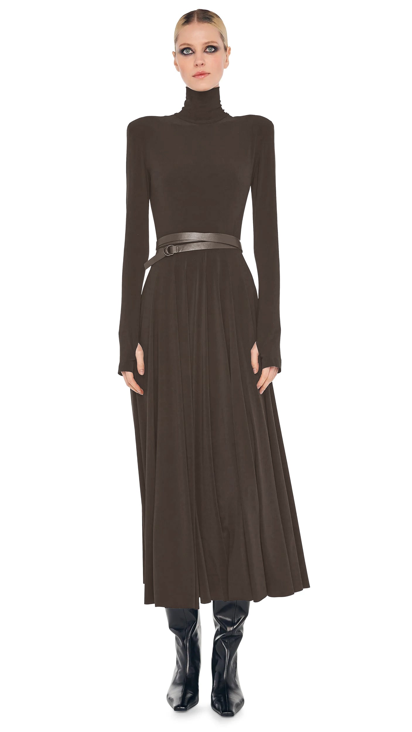 LS SHOULDER PAD TURTLE FLARED DRESS Bark | Norma Kamali Women