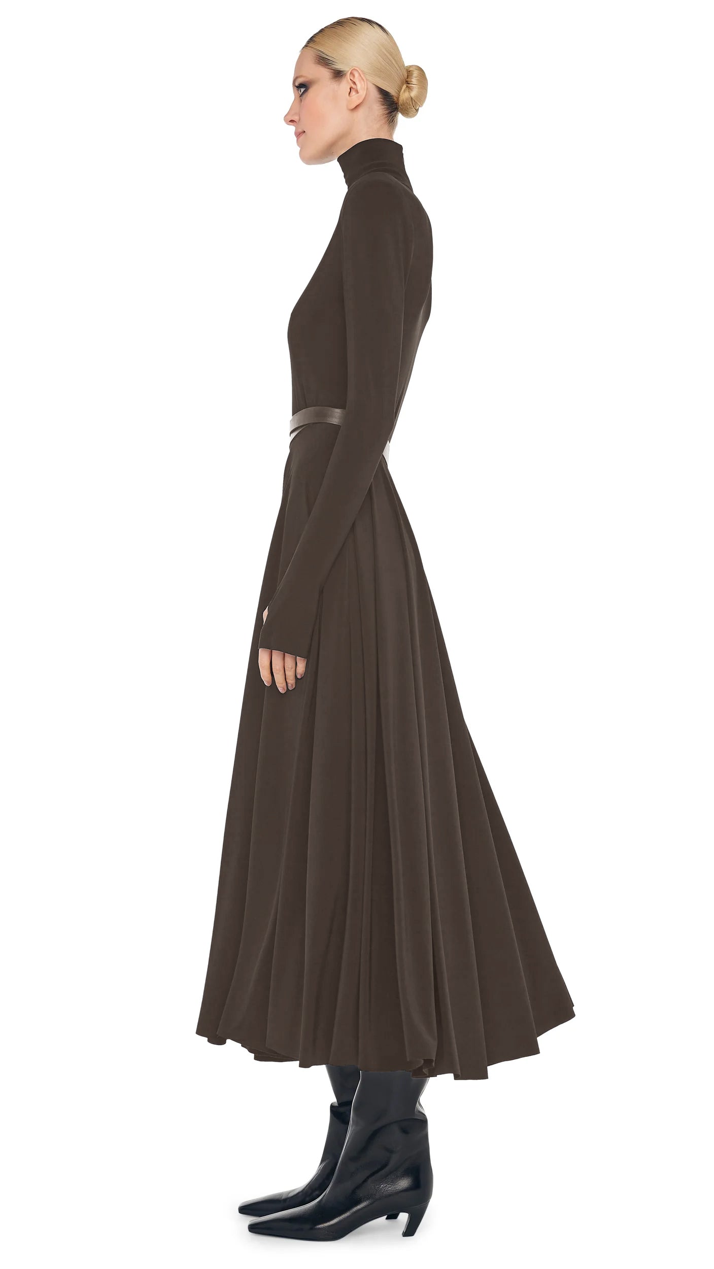 LS SHOULDER PAD TURTLE FLARED DRESS Bark | Norma Kamali Women