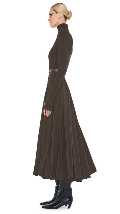 LS SHOULDER PAD TURTLE FLARED DRESS Bark | Norma Kamali Women