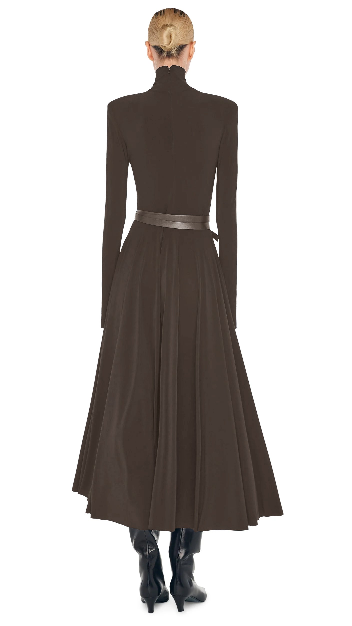 LS SHOULDER PAD TURTLE FLARED DRESS Bark | Norma Kamali Women
