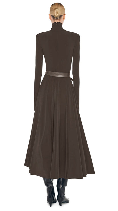 LS SHOULDER PAD TURTLE FLARED DRESS Bark | Norma Kamali Women