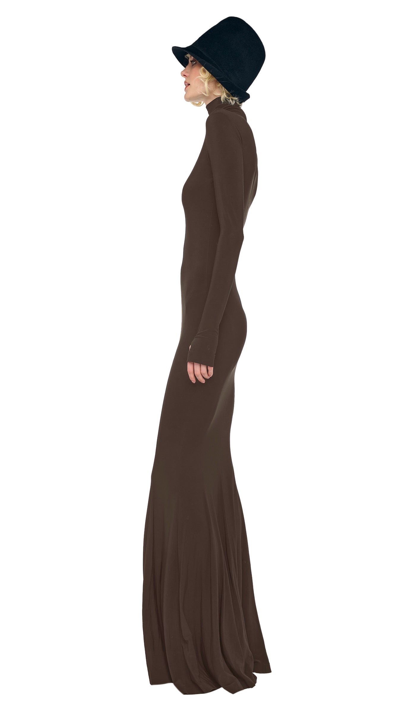 LONG SLEEVE TURTLE FISHTAIL GOWN Bark | Norma Kamali Women