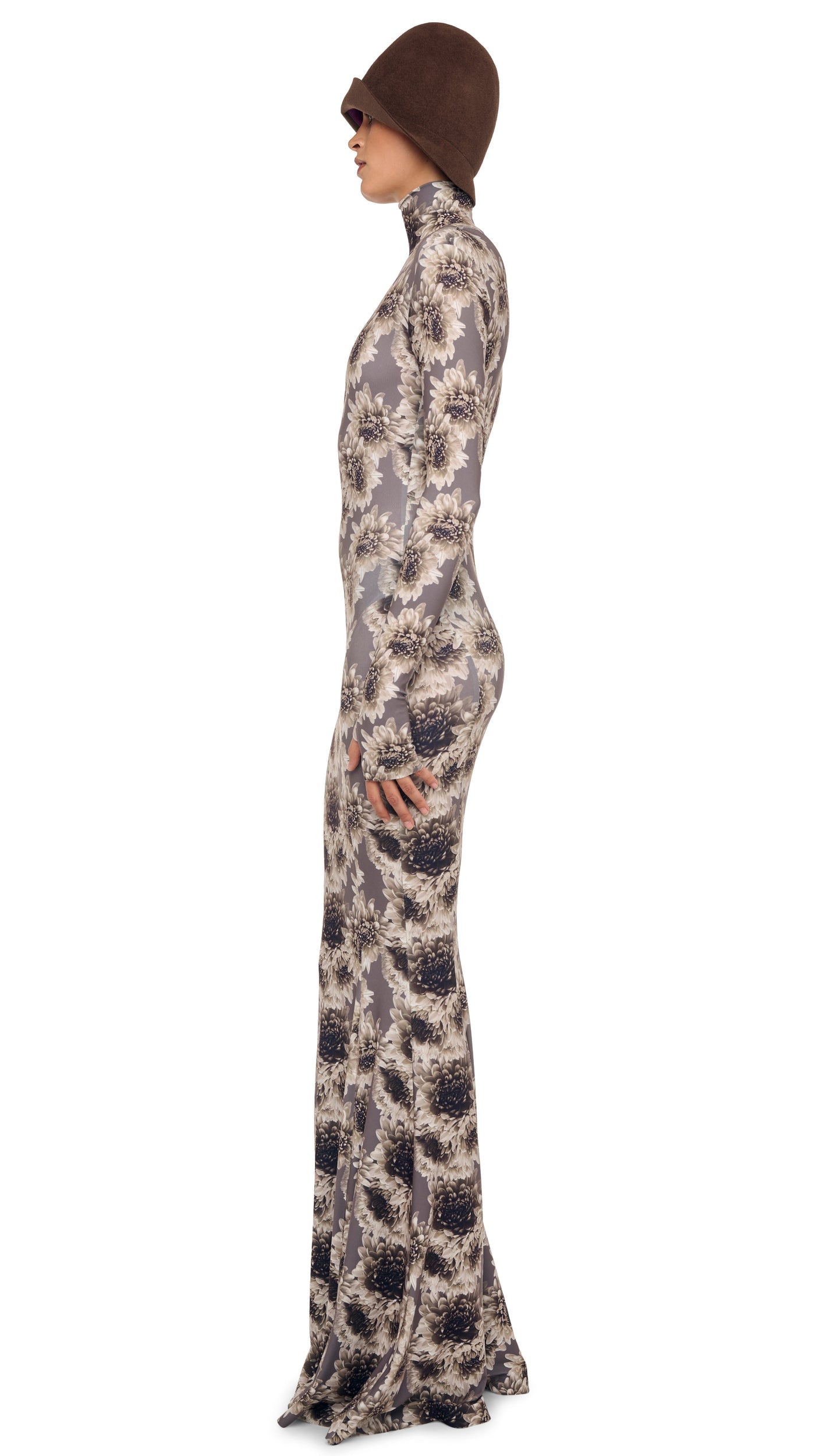 LONG SLEEVE TURTLE FISHTAIL GOWN Fall Flowers | Norma Kamali Women