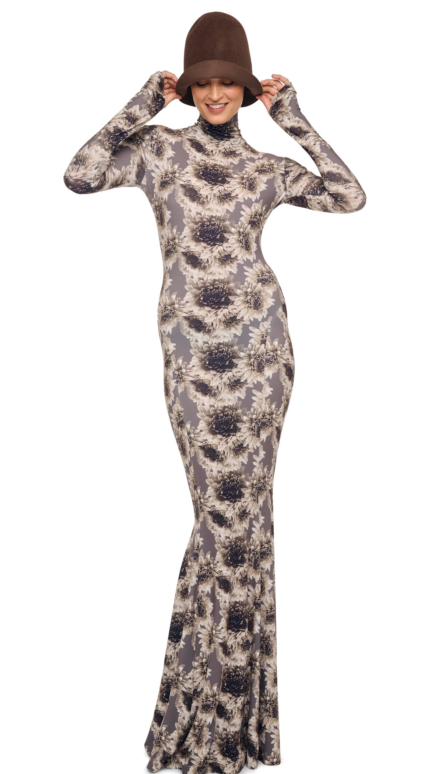 LONG SLEEVE TURTLE FISHTAIL GOWN Fall Flowers | Norma Kamali Women