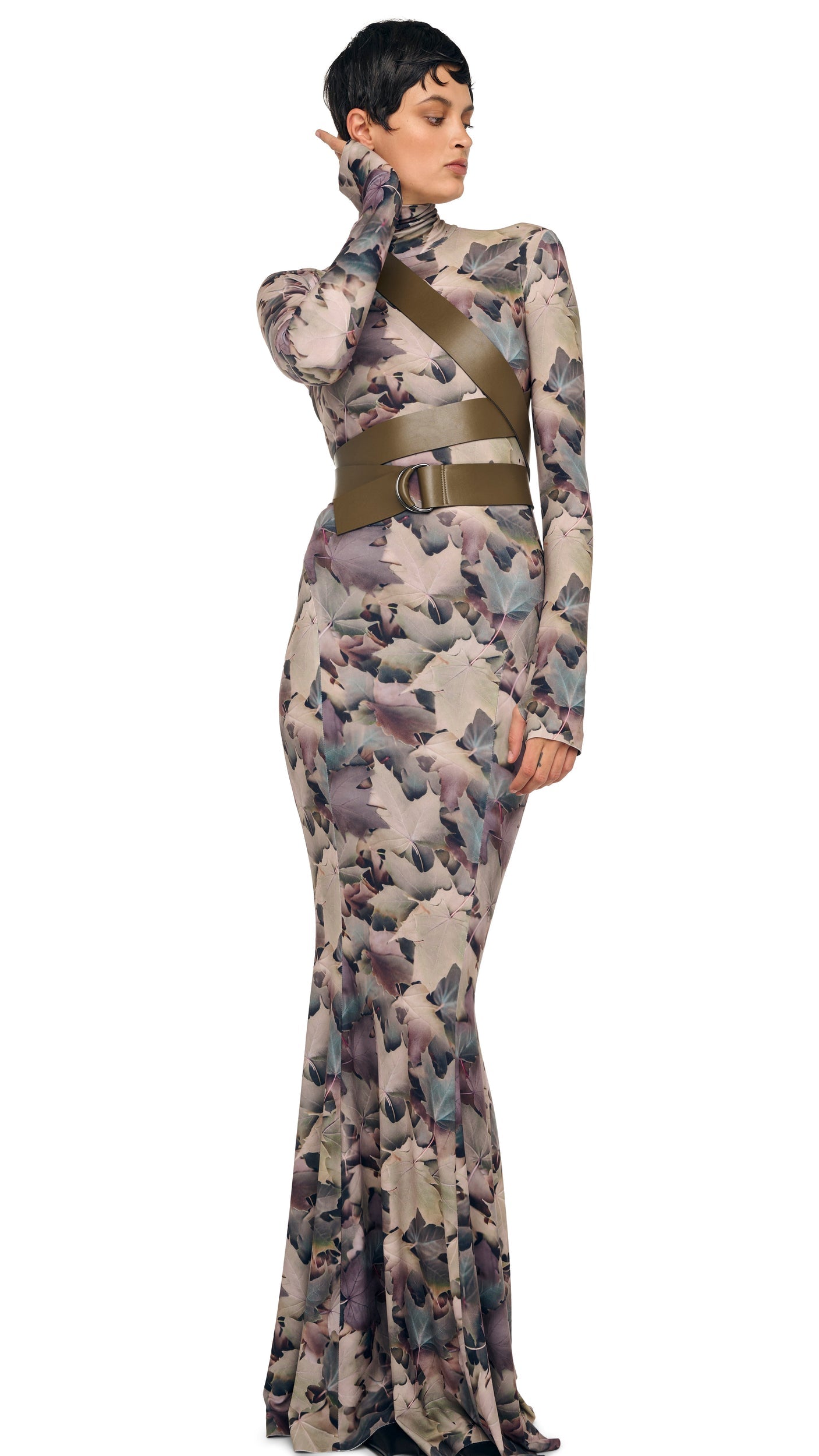 LONG SLEEVE TURTLE FISHTAIL GOWN Autumn Leaves | Norma Kamali Women