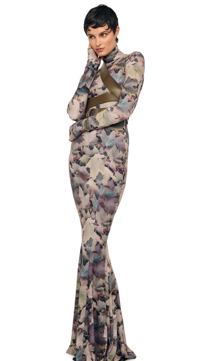 LONG SLEEVE TURTLE FISHTAIL GOWN Autumn Leaves | Norma Kamali Women