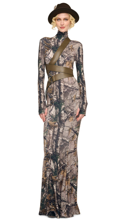 LONG SLEEVE TURTLE FISHTAIL GOWN Trees | Norma Kamali Women