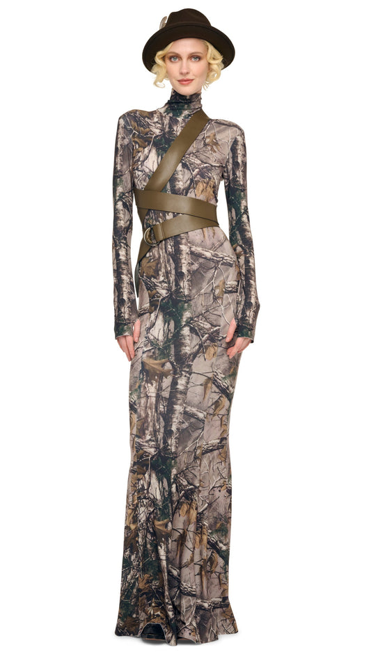 LONG SLEEVE TURTLE FISHTAIL GOWN Trees | Norma Kamali Women