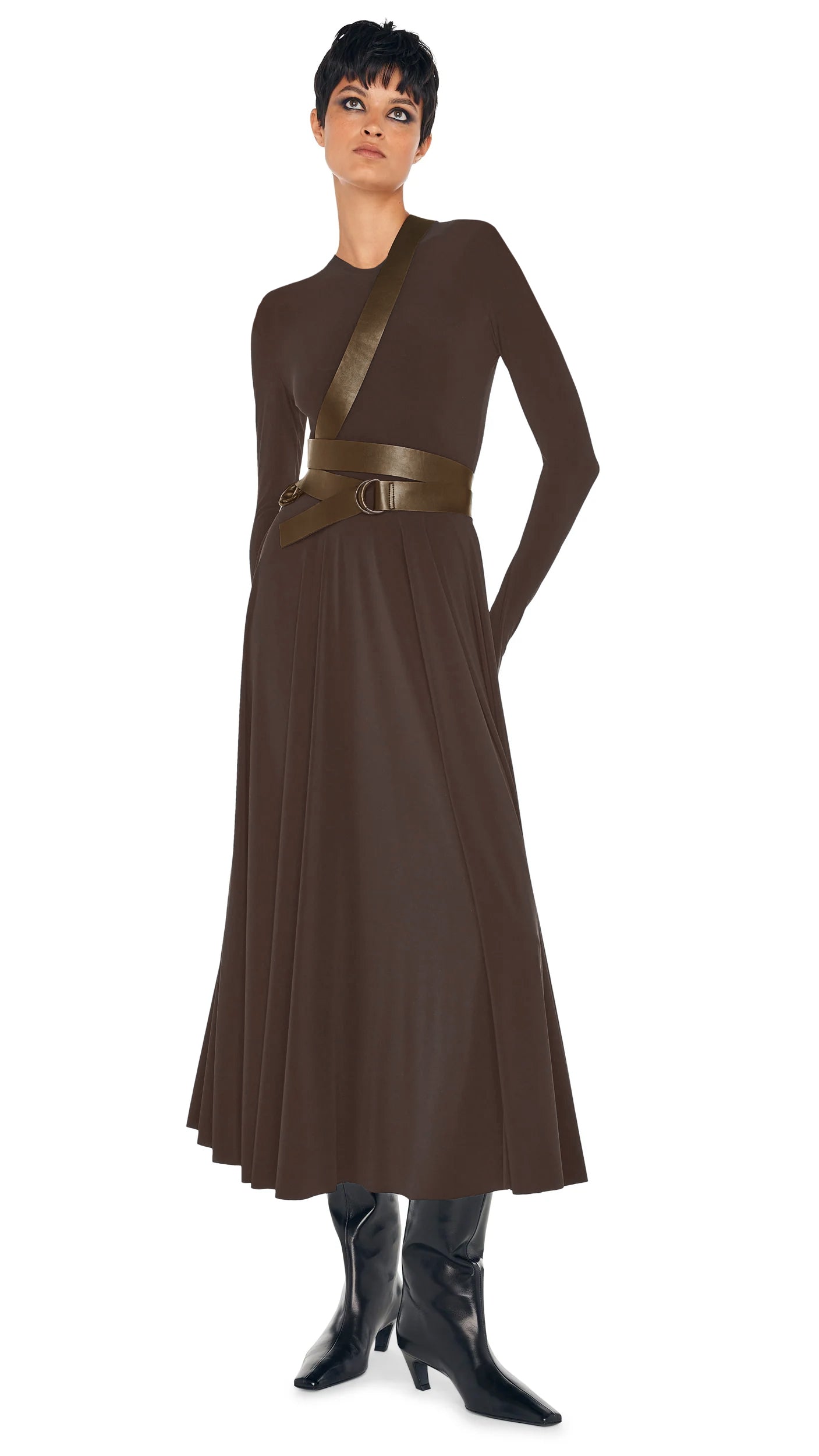 LONG SLEEVE FLARED DRESS Bark | Norma Kamali Women