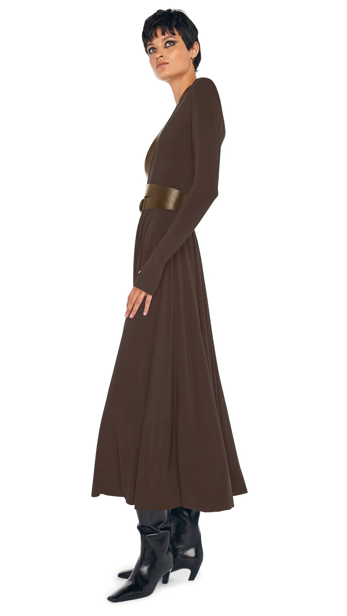 LONG SLEEVE FLARED DRESS Bark | Norma Kamali Women