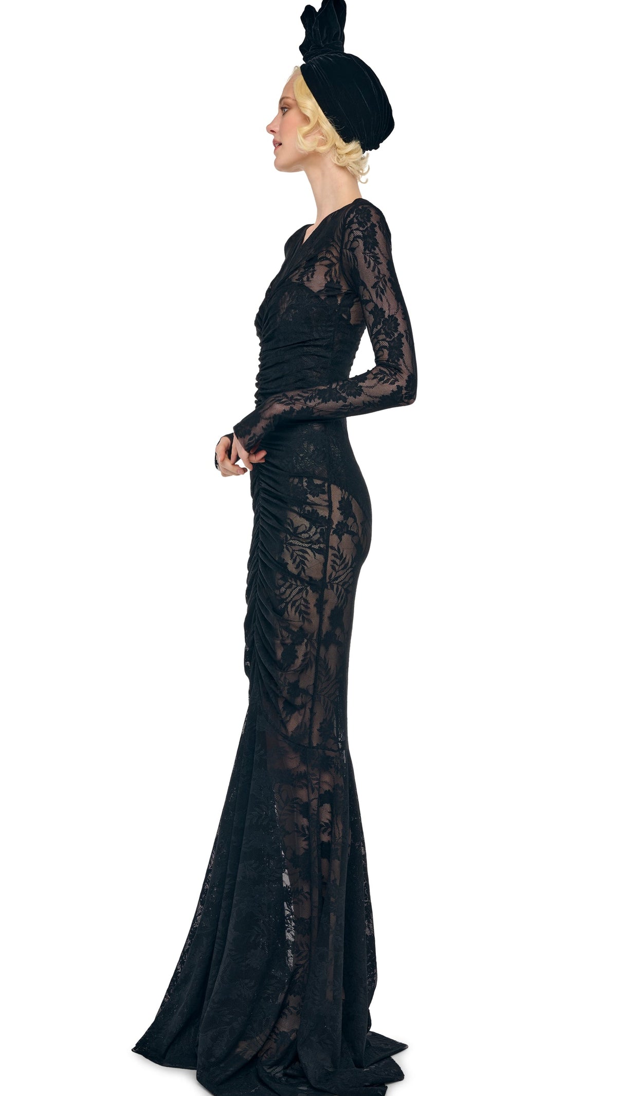 LONG SLEEVE V NECK SHIRRED FRONT FISHTAIL GOWN Black | Norma Kamali Women