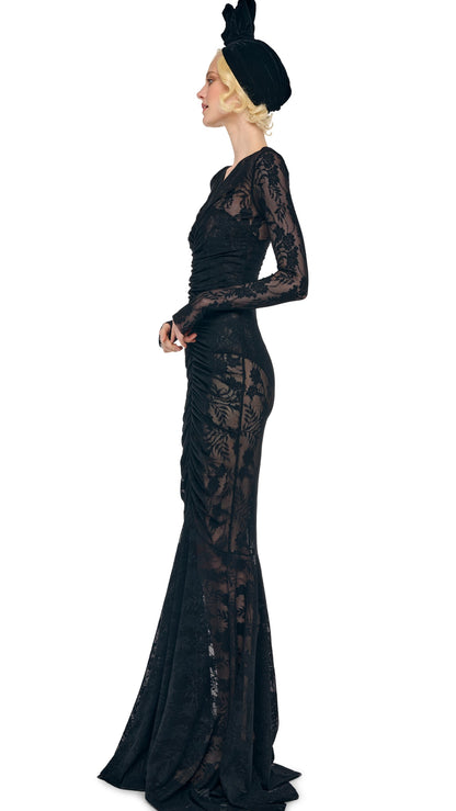 LONG SLEEVE V NECK SHIRRED FRONT FISHTAIL GOWN Black | Norma Kamali Women