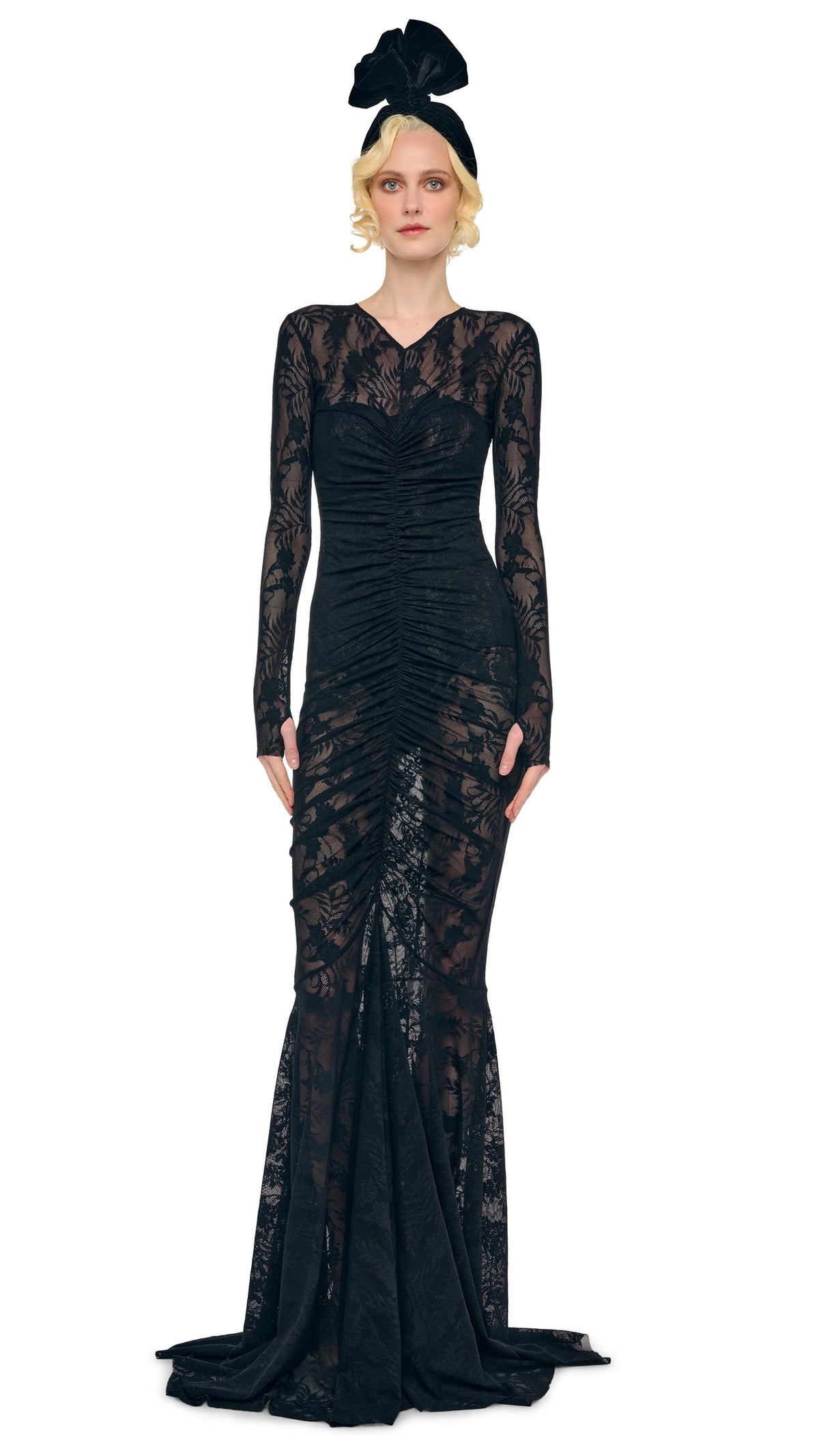 LONG SLEEVE V NECK SHIRRED FRONT FISHTAIL GOWN Black | Norma Kamali Women